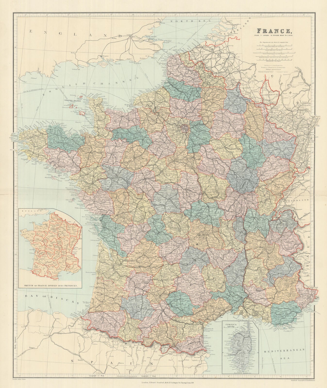 France in departements without Alsace Lorraine. Large 65x54cm. STANFORD 1894 map